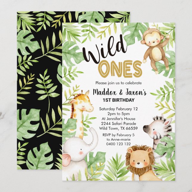 Jungle Wild Ones 1st Birthday Invitation Twins (Front/Back)