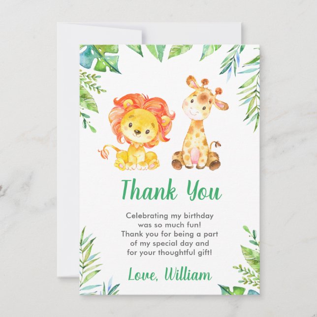 Jungle Wild Safari Animals Lion Kids Boy Birthday Thank You Card (Front)