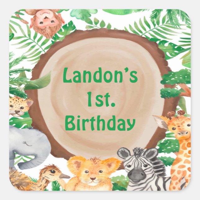 Jungle Woodland Safari Animals Birthday Party  Square Sticker (Front)