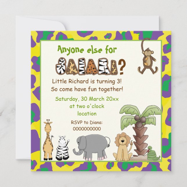 Jungle yellow, purple safari kids birthday party invitation (Front)