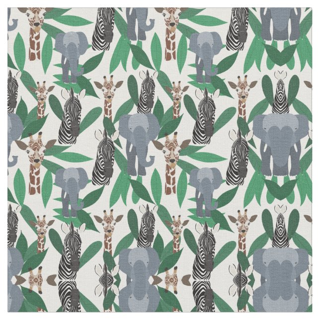 Jungle Zebra Elephant Giraffe Safari Animals Fabric (Close Up)
