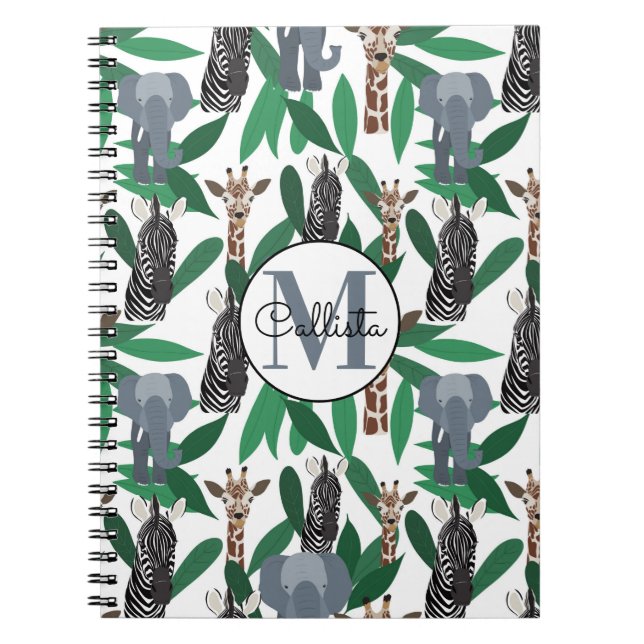 Jungle Zebra Elephant Giraffe Safari Animals Notebook (Front)