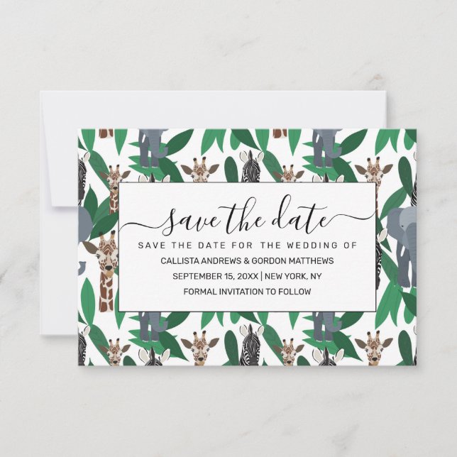 Jungle Zebra Elephant Giraffe Safari Animals Save The Date (Front)