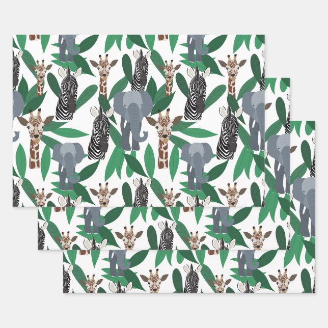 Jungle Zebra Elephant Giraffe Safari Animals Wrapping Paper Sheet (Set)