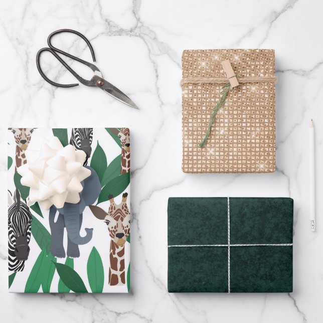 Jungle Zebra Elephant Giraffe Safari Animals Wrapping Paper Sheet (Front)