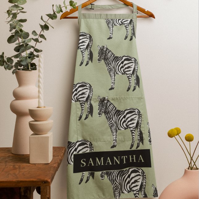 Jungle Zebra Wild Pattern & Personalised Name Apron (Creator Uploaded)