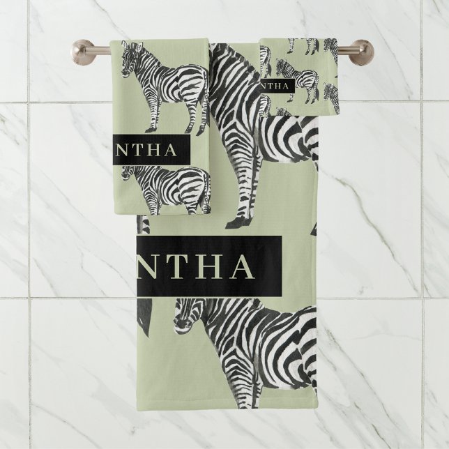 Jungle Zebra Wild Pattern & Personalised Name Bath Towel Set (Creator Uploaded)