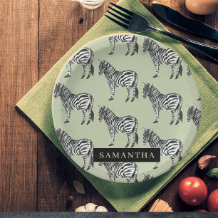 Jungle Zebra Wild Pattern & Personalised Name Paper Plate