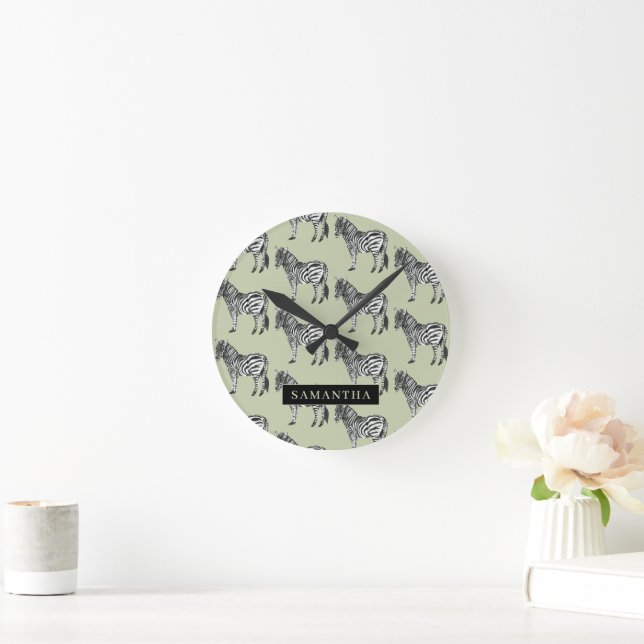 Jungle Zebra Wild Pattern & Personalised Name Round Clock (Home)