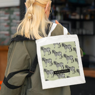 Jungle Zebra Wild Pattern & Personalised Name Tote Bag