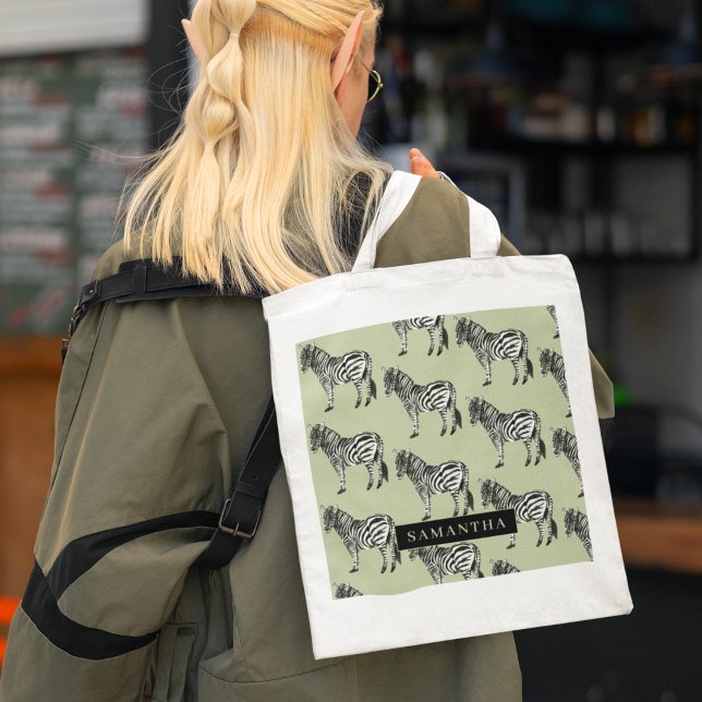 Jungle Zebra Wild Pattern & Personalised Name Tote Bag (Creator Uploaded)