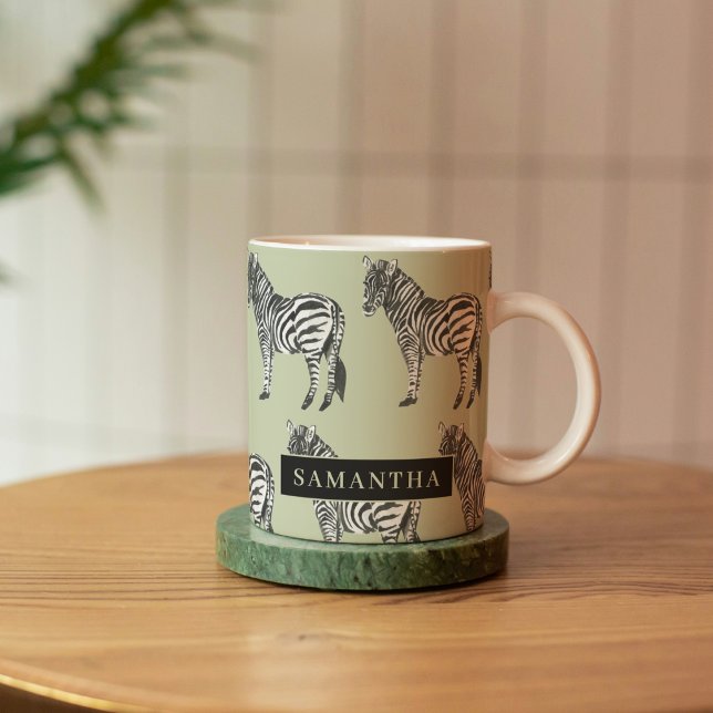 Jungle Zebra Wild Pattern & Personalised Name Two-Tone Coffee Mug (Creator Uploaded)