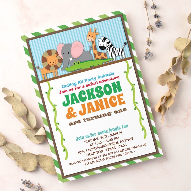 Jungle Zoo Animal Safari Joint Twins Birthday Invitation (Creator Uploaded)