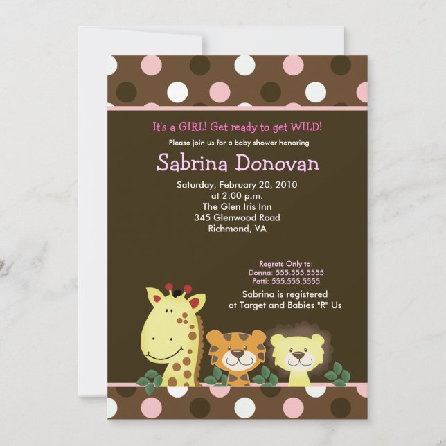 JUNGLE ZOO PARTY 5x7 Brown/Pink Baby Shower Invitation (Front)
