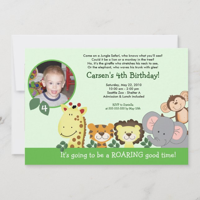 Jungle Zoo Party Green Animal Photo Birthday Card (Front)