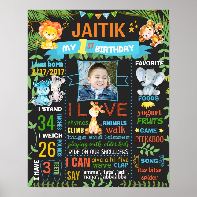 Jungle Zoo Wild Animals Birthday chalkboard Poster (Front)
