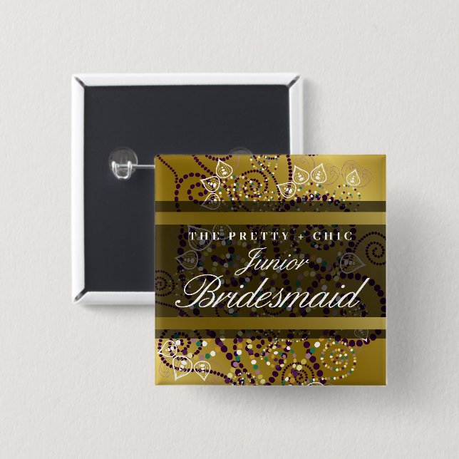JUNIOR BRIDESMAID Boho Spirals Gold Wedding Button (Front & Back)