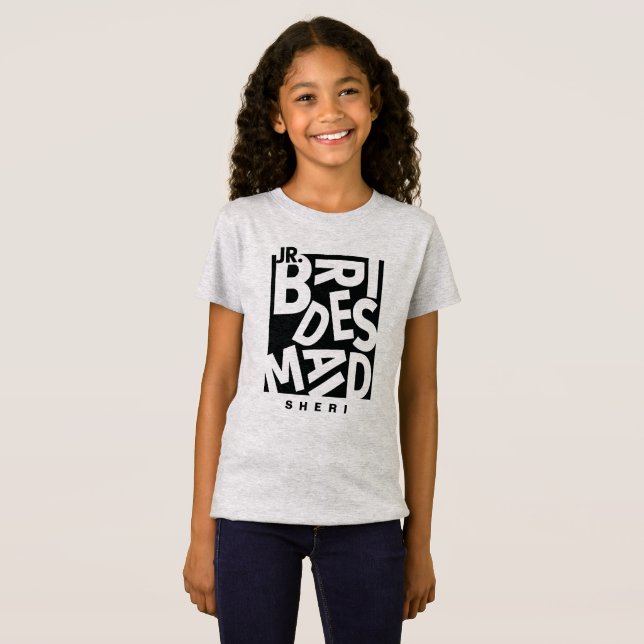 Junior Bridesmaid in black typography, wedding T-Shirt (Front Full)