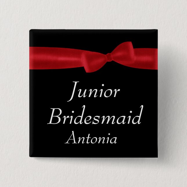 JUNIOR BRIDESMAID Red Bow Wedding Custom Name 15 Cm Square Badge (Front)