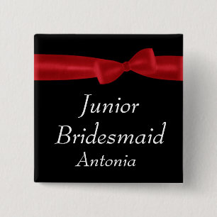 JUNIOR BRIDESMAID Red Bow Wedding Custom Name 15 Cm Square Badge
