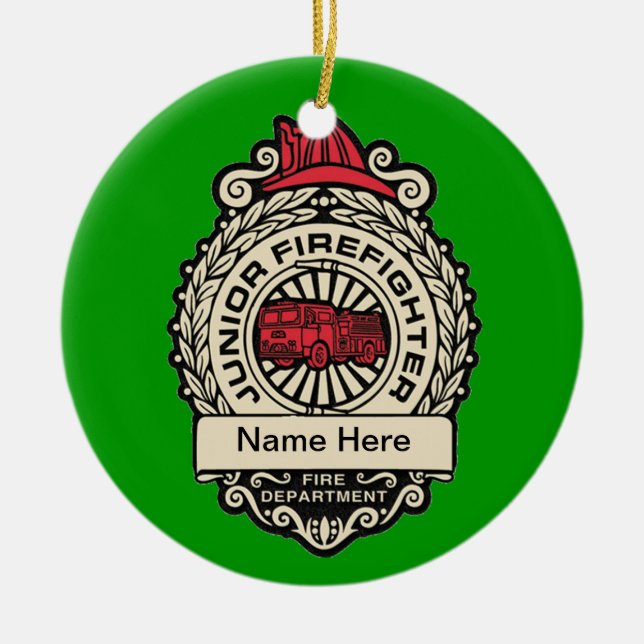 Junior Firefighter's Badge Custom Ceramic Tree Decoration (Front)