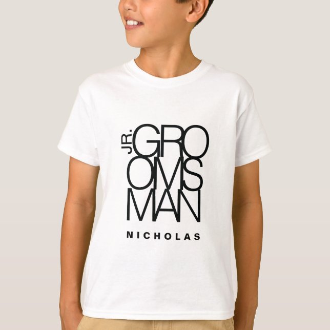 junior Groomsman in black typography, wedding T-Shirt (Front)