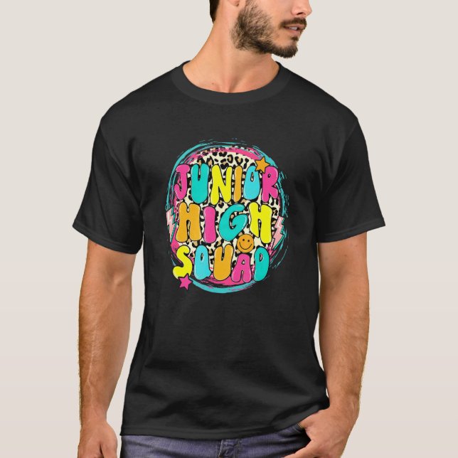 Junior High Squad Retro Groovy Leopard Circle Back T-Shirt (Front)