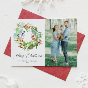 Juniper and Holly Wreath Merry Christmas Photo Holiday Card