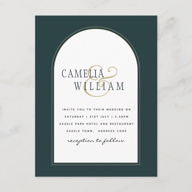 Juniper Green Gold Modern Wedding INVITE QR Code Postcard (Front)