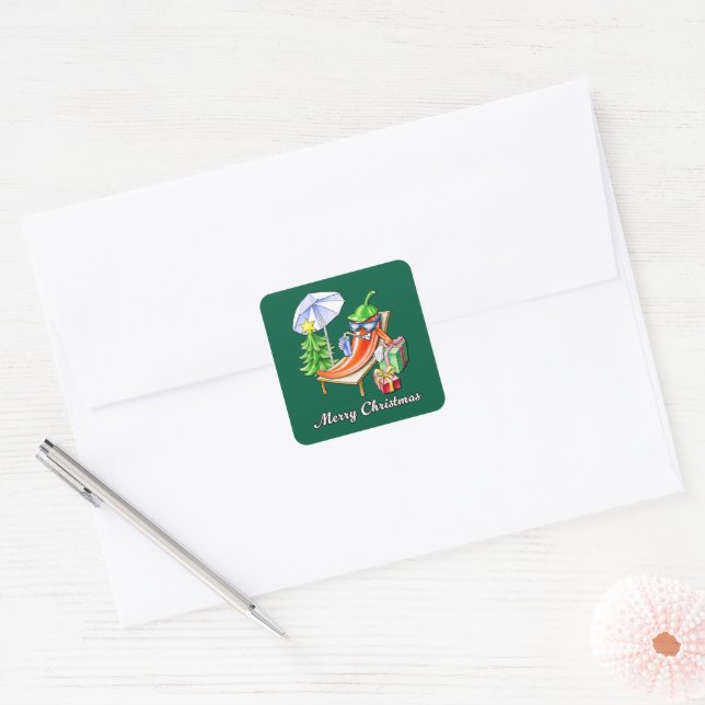 Juniper Green Merry Christmas Chilli Drawing Square Sticker (Envelope)
