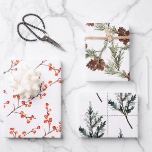 Juniper Pine Tree Branch Cones & Red Ilex Berries Wrapping Paper Sheet