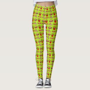 Junk food design on lime background leggings