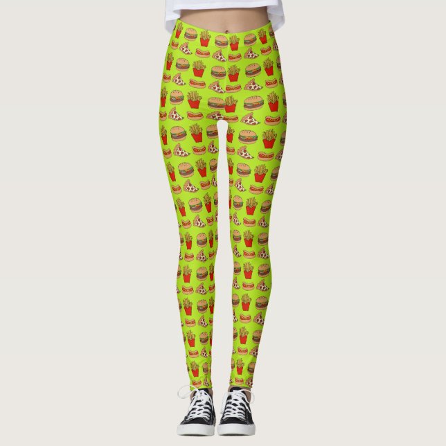 Junk food design on lime background leggings (Front)