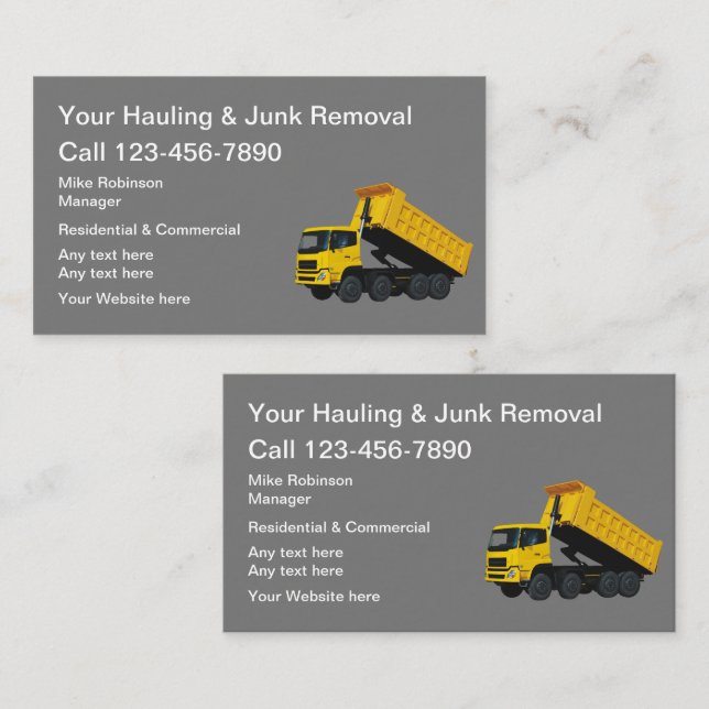 Junk Hauling And Removal Editable Business Cards (Front/Back)