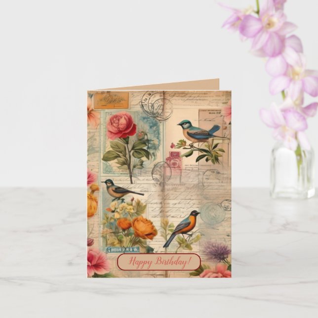 Junk Journal page with flowers + birds -  Card (Orchid)