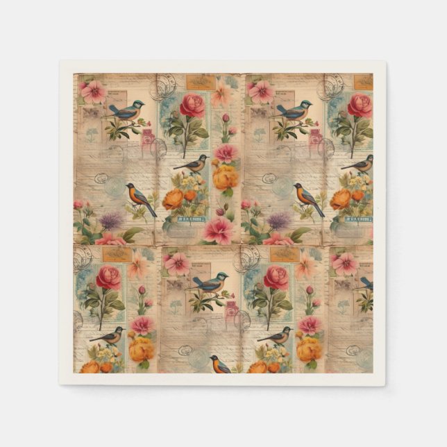 Junk Journal page with flowers + birds - Napkin (Front)