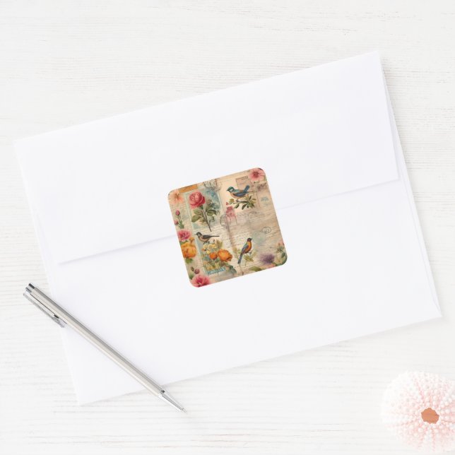 Junk Journal page with flowers + birds -  Square Sticker (Envelope)