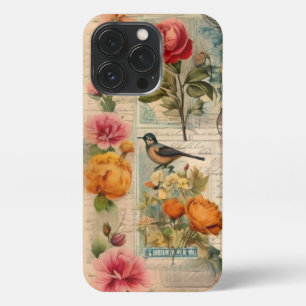 Junk Journal Seite mit Blumen + Vögel -  iPhone 13 Pro Case