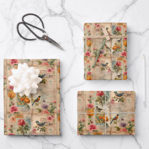 Junk Journal Seite mit Blumen + Vögel -  Wrapping Paper Sheet