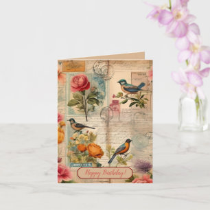 Junk Journal Seite mit Blumen + Vögeln -  Card