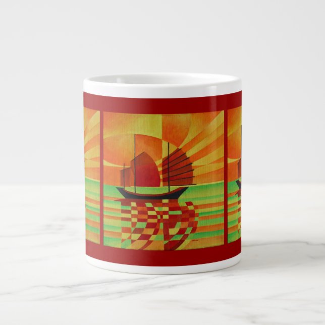 Junk on Sea of Green Cubist Abstract Large Coffee Mug (Front)