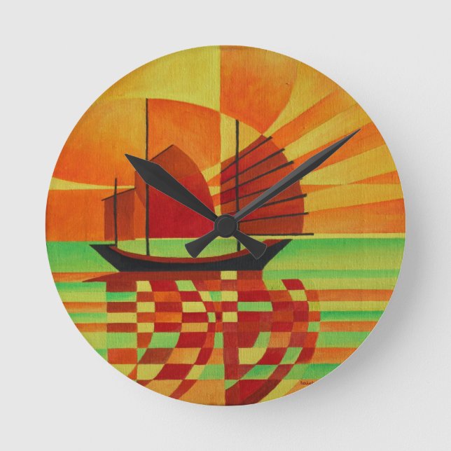 Junk on Sea of Green Cubist Abstract Round Clock (Front)