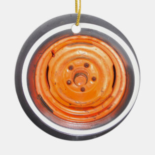 Junk Yard vintage Wheel, orange black and white Ceramic Tree Decoration