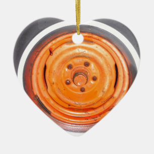 Junk Yard vintage Wheel, orange black and white Ceramic Tree Decoration