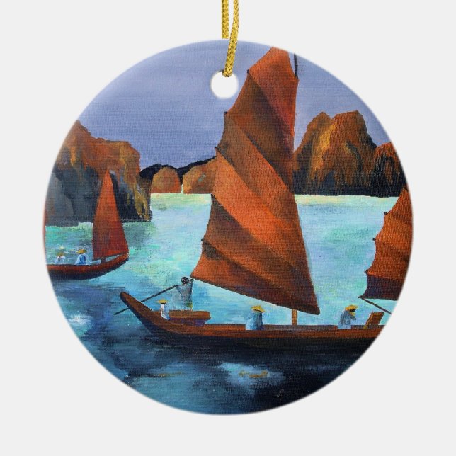 Junks In The Descending Dragon Bay Ceramic Tree Decoration (Front)