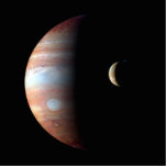 Jupiter Gas Giant Planet & Io Galilean Moon Photo Sculpture Magnet<br><div class="desc">This captivating image, a composite of spacecraft data, showcases the contrasting landscapes of Jupiter and its volcanic moon Io. Captured by New Horizons during its 2007 flyby, the giant gas planet Jupiter dominates the scene. Its swirling atmosphere is rendered in a mesmerising infrared palette, highlighting the variations in cloud altitude...</div>