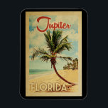 Jupiter Palm Tree Vintage Travel Magnet<br><div class="desc">A uniquely retro mid-century modern Jupiter Florida art print in vintage travel poster style. It features a curved palm tree on sandy beach with ocean under a blue cloudy sky.</div>
