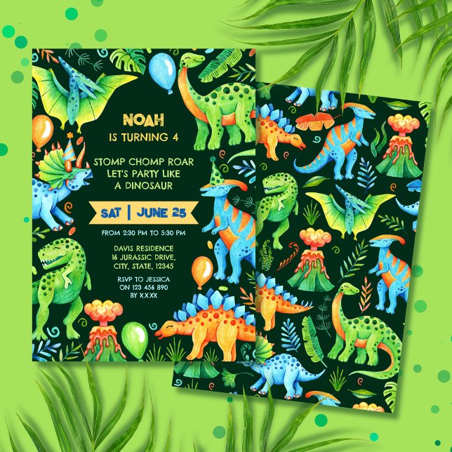 Jurassic Dinosaur Stomp Chomp and Roar Boy Invitation (Prehistoric Watercolor Dinosaur Boys Birthday Invitation)