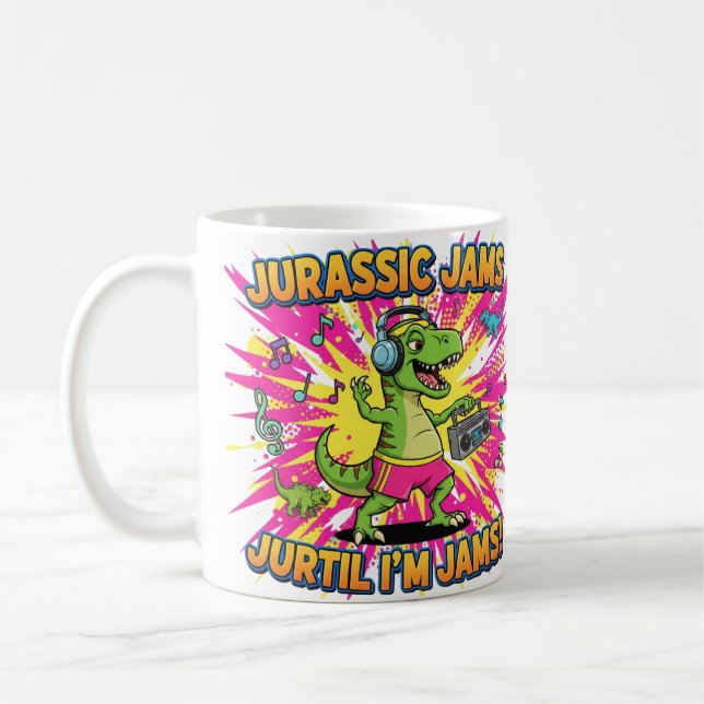 Jurassic Jams Dinosaur Cartoon Coffee Mug (Left)