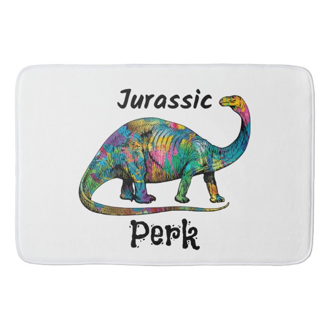 Jurassic Perk Colorful Dinosaur White Bath Mat (Front)